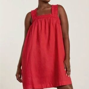 Everlane Red Linen Smocked Mini Dress XS Sleeveless Square Neck Pockets